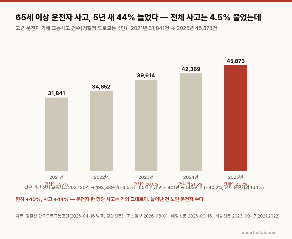 고령 운전자 교통사고 건수와 비중 그래프