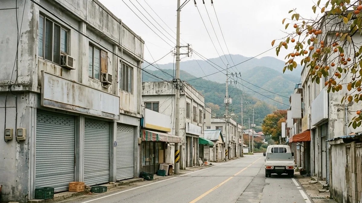 군청 소재지 읍내의 평일 한낮 · 자료 사진(생성) · 특정 지역과 무관