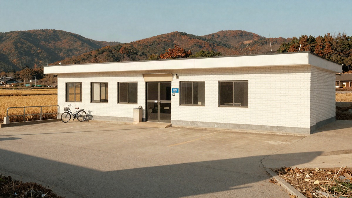 가을 들판 옆 단층 보건지소 건물과 빈 주차장